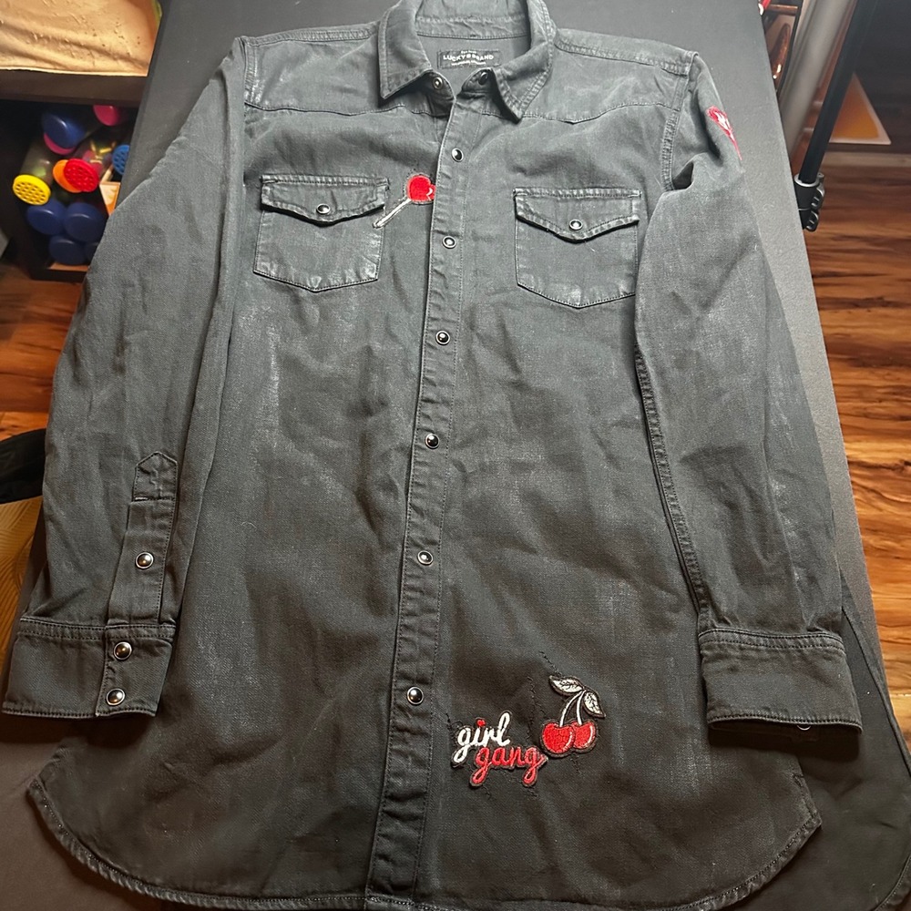 Lucky Brand Black Denim Western Snap Shirt Girl Gang Cherry Heart Patch Large